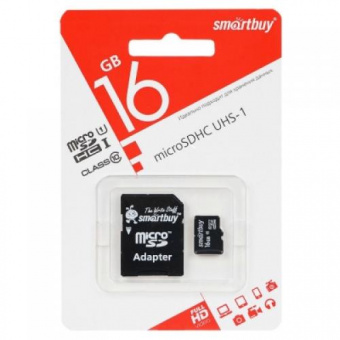 Карта памяти micro SDHC.16GB SmartBuy Class10 c ад. SD (не подходят для регистраторов)