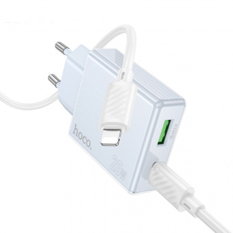 Зарядное устройство (сеть-220V) 1гн.USB+1гнType-C HOCO C142A+ кабель 8pin-Тype/C QC3.0 20W Синий