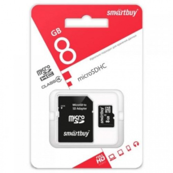 Карта памяти micro SDHC 8GB SmartBuy Class4 с ад. SD (не подходит для регистратора)